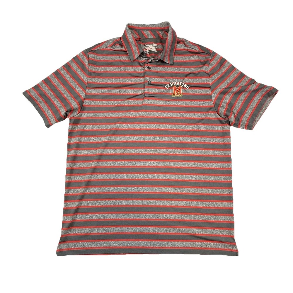 Maryland Terrapins Under‎ Armour Heat Gear Polo Gray Red Striped Mens Large